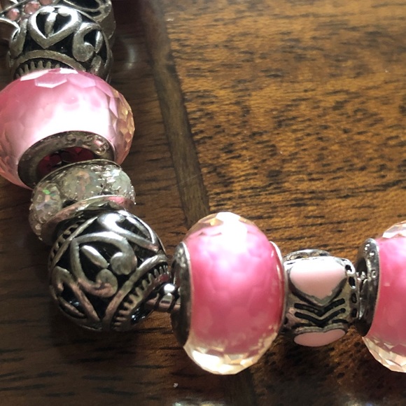 Pink Sterling Silver Bead Charm Breast Cancer Awareness Bracelet - Picture 4 of 12